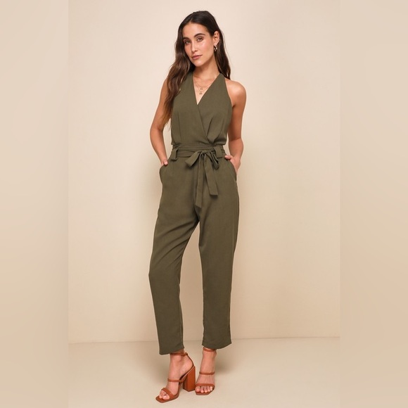 Lulus Pants - NWT, Lulus In the City Olive Green Surplice Sleeveless Jumpsuit, Sz XS